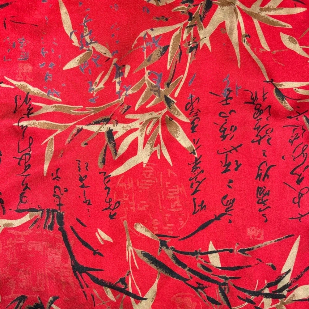 Bamboo Calligraphy Print‎ 100% Silk Fringe Wrap Scarf Red Gold Black 58